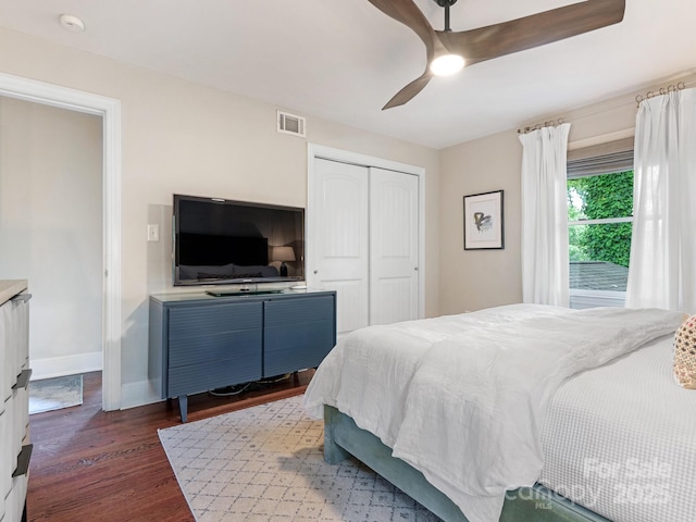 4618 Emory Ln, Charlotte, NC 28211 - bedroom featuring dark wood-style floors, a closet, and a ceiling fan