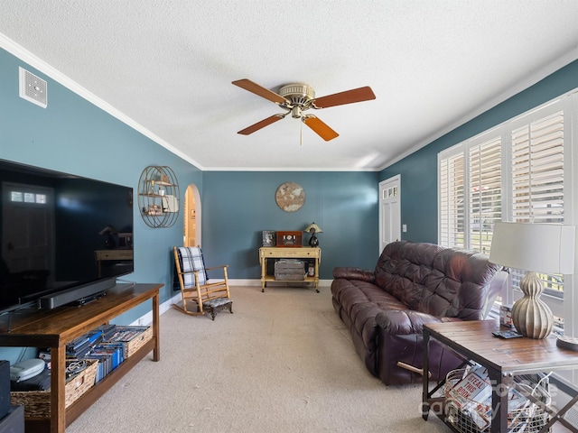 409 E 18th St, Kannapolis, NC 28083 - carpeted living area with crown molding, a ceiling fan, and a textured ceiling
