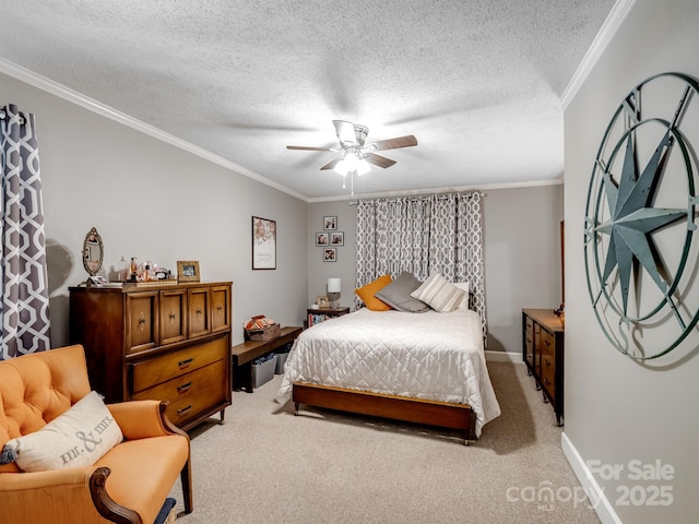 409 E 18th St, Kannapolis, NC 28083 - bedroom featuring ornamental molding, light colored carpet, a textured ceiling, and ceiling fan