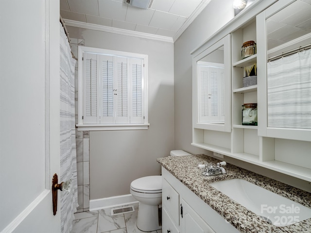 409 E 18th St, Kannapolis, NC 28083 - full bathroom featuring marble finish flooring, vanity, crown molding, and a shower with shower curtain