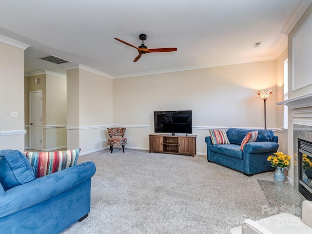 15739 Circlegreen Dr, Charlotte, NC 28273 - living room featuring a fireplace, ceiling fan, crown molding, and carpet