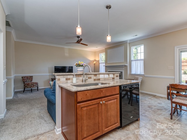 15739 Circlegreen Dr, Charlotte, NC 28273 - kitchen with black dishwasher, open floor plan, crown molding, brown cabinetry, and light stone counters