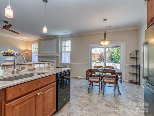 15739 Circlegreen Dr, Charlotte, NC 28273 - kitchen with dishwasher, brown cabinets, crown molding, pendant lighting, and a ceiling fan