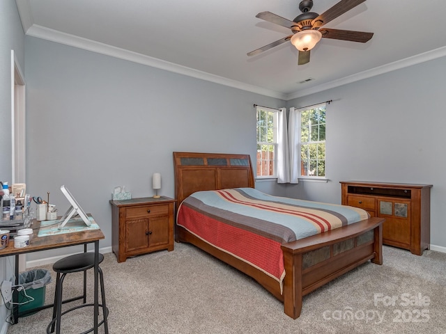 15739 Circlegreen Dr, Charlotte, NC 28273 - bedroom featuring light colored carpet, crown molding, and a ceiling fan