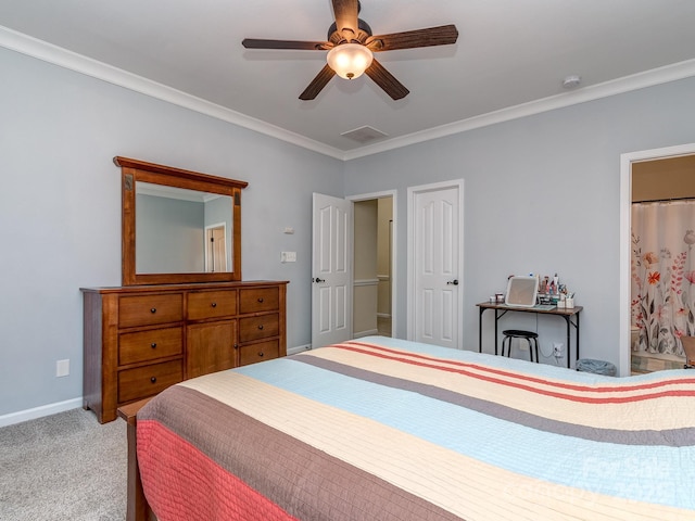 15739 Circlegreen Dr, Charlotte, NC 28273 - bedroom featuring carpet flooring, crown molding, ceiling fan, and connected bathroom