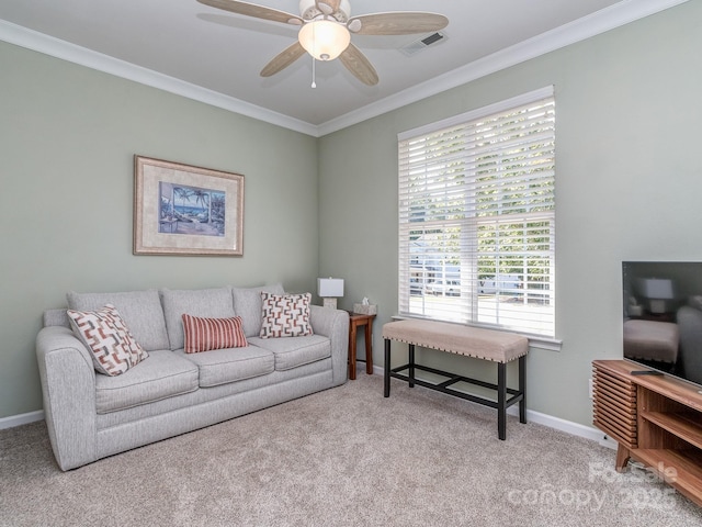 15739 Circlegreen Dr, Charlotte, NC 28273 - carpeted living room featuring ceiling fan and ornamental molding