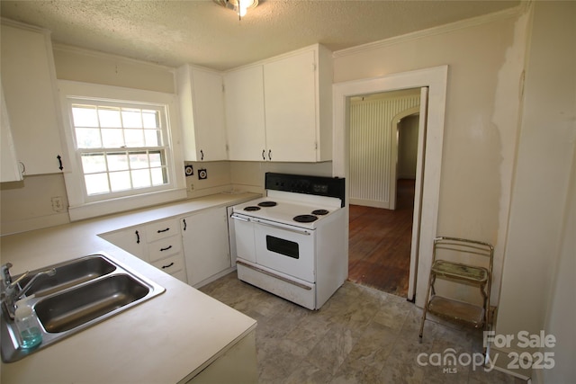 1541 Kings Rd, Shelby, NC 28150 - kitchen with double oven range, a textured ceiling, white cabinets, arched walkways, and light countertops
