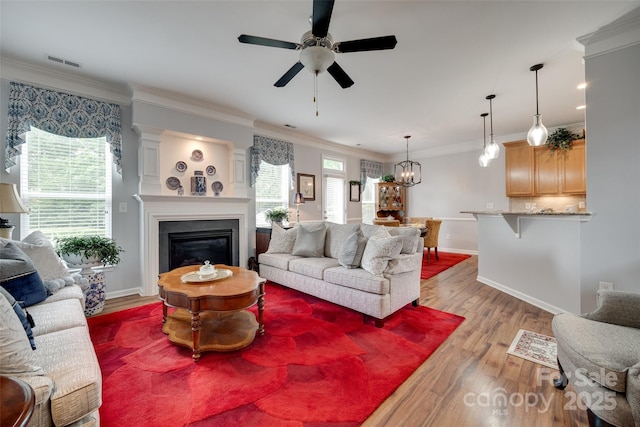 1930 Caprington Dr, Fort Mill, SC 29707 - living room with ceiling fan, light wood finished floors, crown molding, and a glass covered fireplace