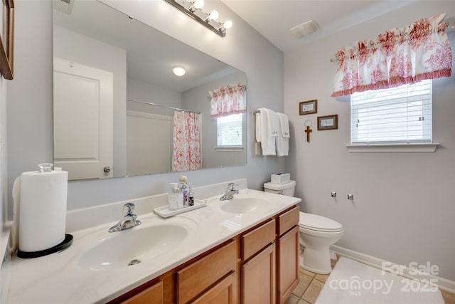 1930 Caprington Dr, Fort Mill, SC 29707 - bathroom featuring double vanity, tile patterned floors, and curtained shower