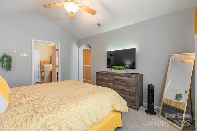 14755 Lions Paw St, Charlotte, NC 28273 - bedroom with arched walkways, vaulted ceiling, light colored carpet, and a ceiling fan