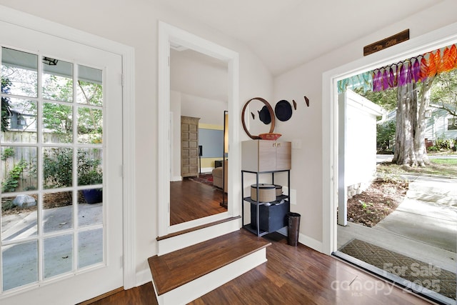 2314 Wolfe St, Charlotte, NC 28205 - doorway to outside featuring vaulted ceiling and dark wood-style flooring