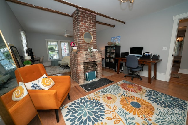 1712 Umstead St, Charlotte, NC 28205 - office space featuring a brick fireplace, wood finished floors, and ceiling fan