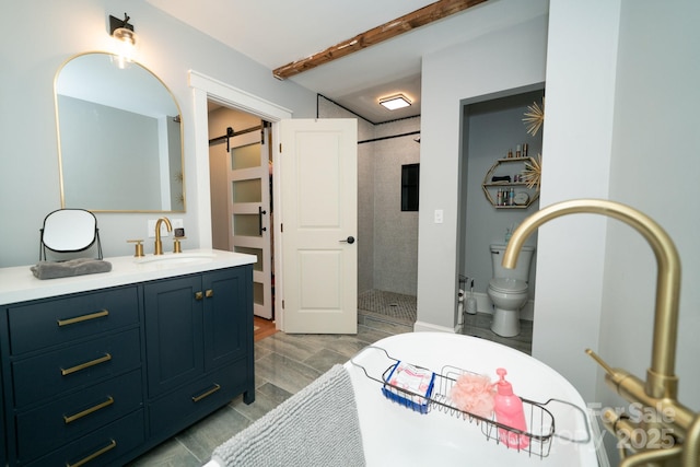 1712 Umstead St, Charlotte, NC 28205 - bathroom featuring a shower stall, vanity, and beam ceiling