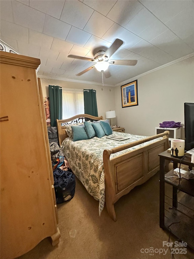 408 E Blume St, Landis, NC 28088 - bedroom with crown molding, dark colored carpet, and ceiling fan
