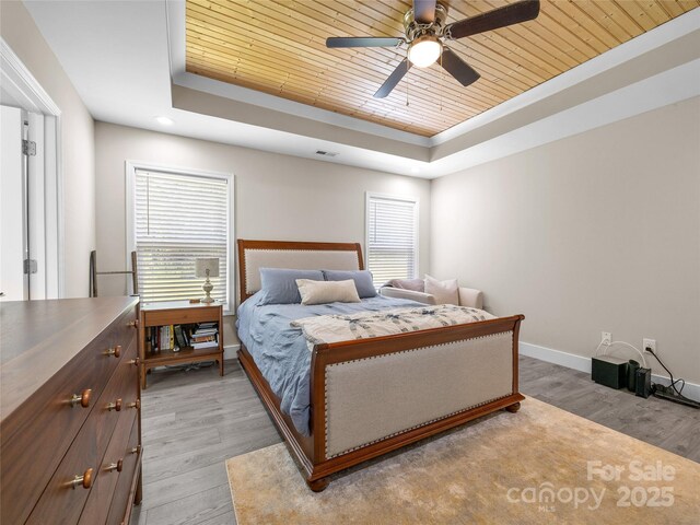 226 Oak Brook Ln Unit 21, Gaffney, SC 29341 - bedroom with a raised ceiling, wood ceiling, light wood-style floors, ceiling fan, and recessed lighting