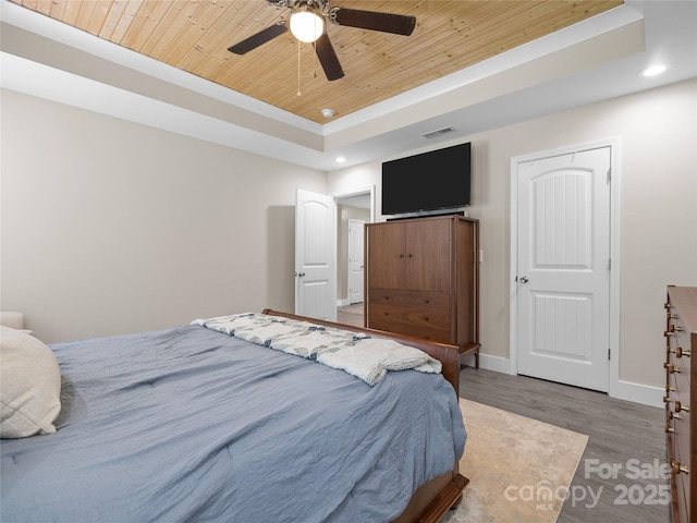 226 Oak Brook Ln Unit 21, Gaffney, SC 29341 - bedroom with wooden ceiling, a tray ceiling, wood finished floors, recessed lighting, and a ceiling fan
