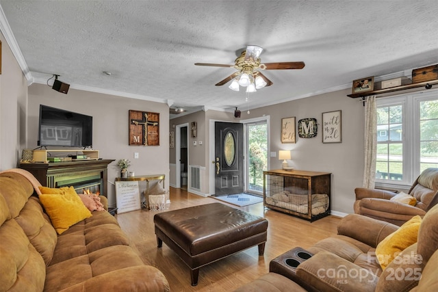 116 Eastwood Park Dr SE, Lenoir, NC 28645 - living room featuring ornamental molding, wood finished floors, ceiling fan, a textured ceiling, and a glass covered fireplace