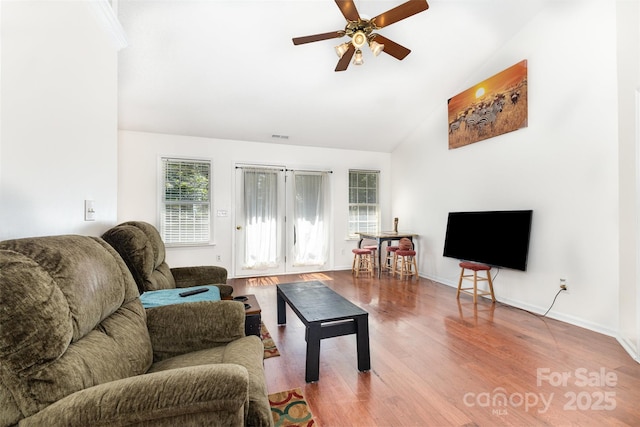2916 Northwood Dr, Monroe, NC 28110 - living room featuring ceiling fan, wood finished floors, and high vaulted ceiling