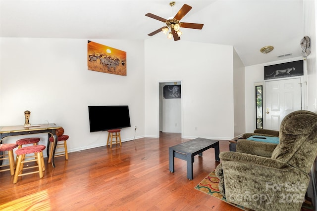 2916 Northwood Dr, Monroe, NC 28110 - living room featuring ceiling fan, wood finished floors, and high vaulted ceiling