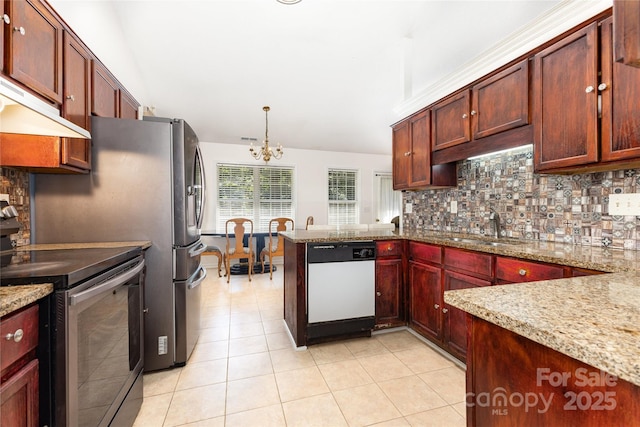 2916 Northwood Dr, Monroe, NC 28110 - kitchen with stainless steel electric range, dishwasher, a chandelier, tasteful backsplash, and a peninsula