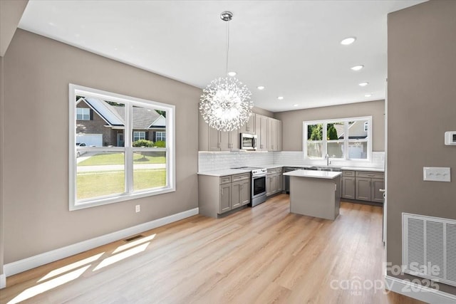 1033 12th Avenue Dr NW, Hickory, NC 28601 - kitchen featuring stainless steel appliances, gray cabinets, backsplash, a center island, and recessed lighting