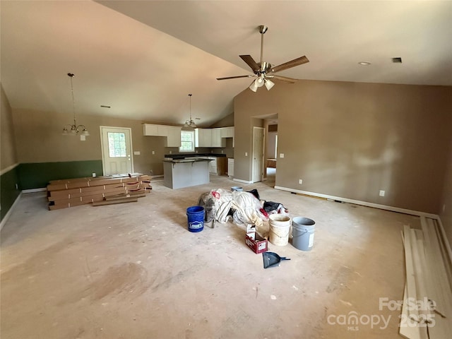 105 Elk Creek Ln, Hudson, NC 28638 - unfurnished living room with lofted ceiling and ceiling fan