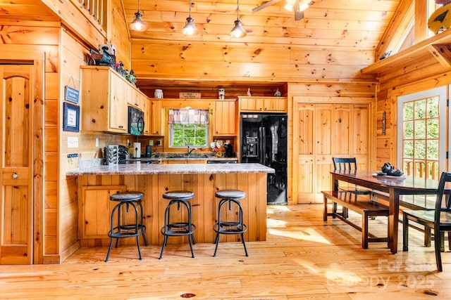28 Upper Ridge Rd, Black Mountain, NC 28711 - kitchen with black appliances, light wood finished floors, lofted ceiling, a peninsula, and healthy amount of natural light