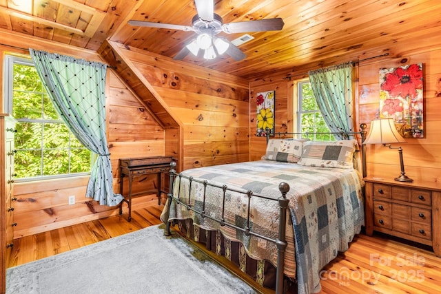 28 Upper Ridge Rd, Black Mountain, NC 28711 - bedroom with wood ceiling, wood finished floors, wood walls, and ceiling fan