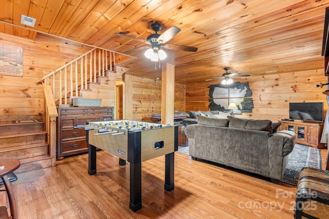 28 Upper Ridge Rd, Black Mountain, NC 28711 - rec room featuring ceiling fan, light wood-style floors, wood ceiling, and wooden walls