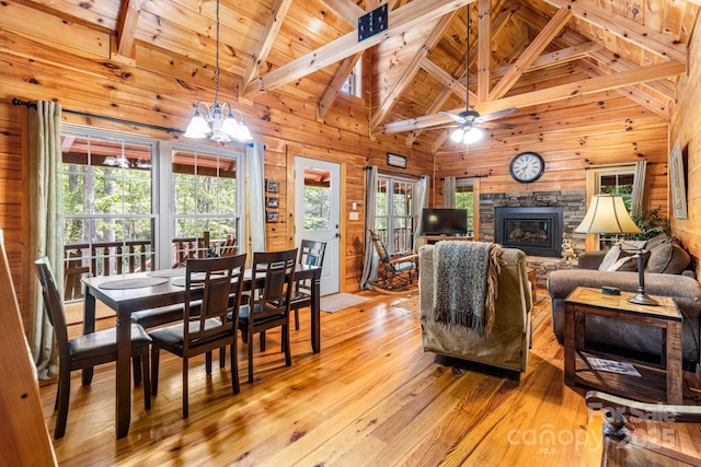 28 Upper Ridge Rd, Black Mountain, NC 28711 - dining area featuring wooden walls, light wood-style floors, a stone fireplace, a wood ceiling with exposed beams, and high vaulted ceiling
