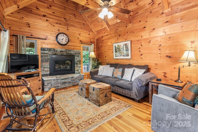 28 Upper Ridge Rd, Black Mountain, NC 28711 - living area with healthy amount of natural light, wood finished floors, ceiling fan, wooden walls, and wood ceiling
