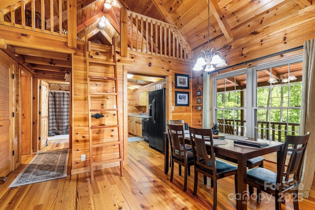 28 Upper Ridge Rd, Black Mountain, NC 28711 - dining area with wooden walls, light wood-style flooring, vaulted ceiling, a chandelier, and wooden ceiling