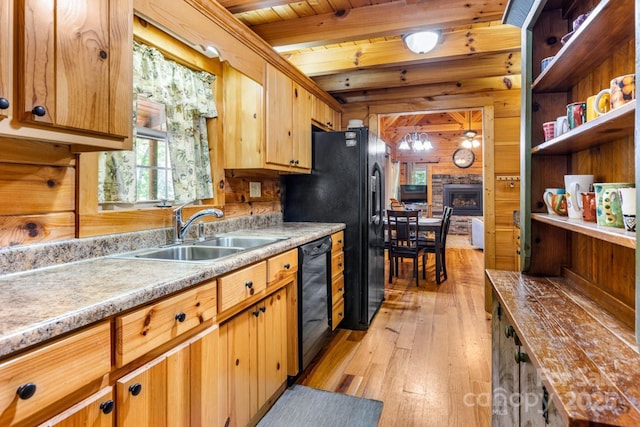 28 Upper Ridge Rd, Black Mountain, NC 28711 - kitchen with black appliances, light wood finished floors, healthy amount of natural light, wooden walls, and light countertops