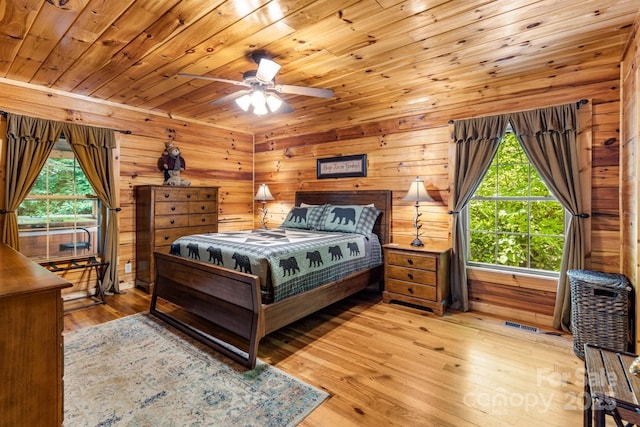28 Upper Ridge Rd, Black Mountain, NC 28711 - bedroom with multiple windows, hardwood / wood-style flooring, wooden ceiling, wooden walls, and ceiling fan