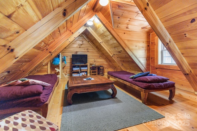 28 Upper Ridge Rd, Black Mountain, NC 28711 - living room featuring wood ceiling, wood walls, hardwood / wood-style floors, and lofted ceiling