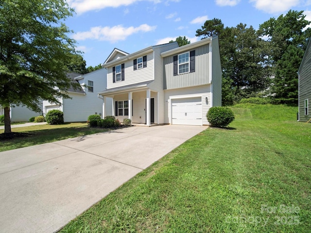 8516 Paw Valley Ln, Charlotte, NC 28214 - traditional-style house featuring board and batten siding, concrete driveway, a front yard, a garage, and covered porch
