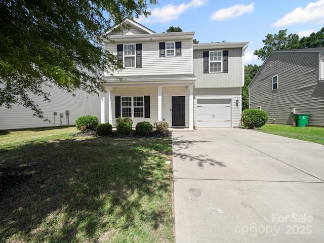 8516 Paw Valley Ln, Charlotte, NC 28214 - traditional-style house featuring concrete driveway, a front yard, an attached garage, and a porch
