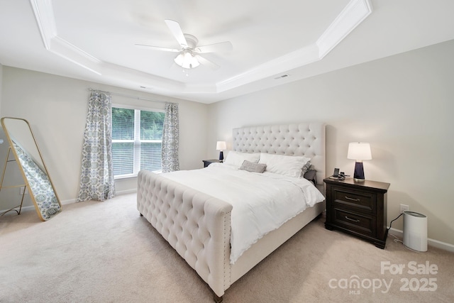 2203 Whitford Ln, Charlotte, NC 28210 - bedroom with a raised ceiling, light colored carpet, crown molding, and a ceiling fan