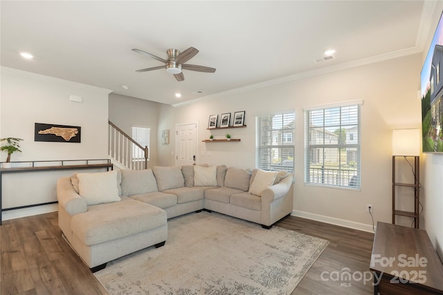 135 Orson Oaks Ln, Pineville, NC 28134 - living area with a ceiling fan, plenty of natural light, wood finished floors, crown molding, and recessed lighting