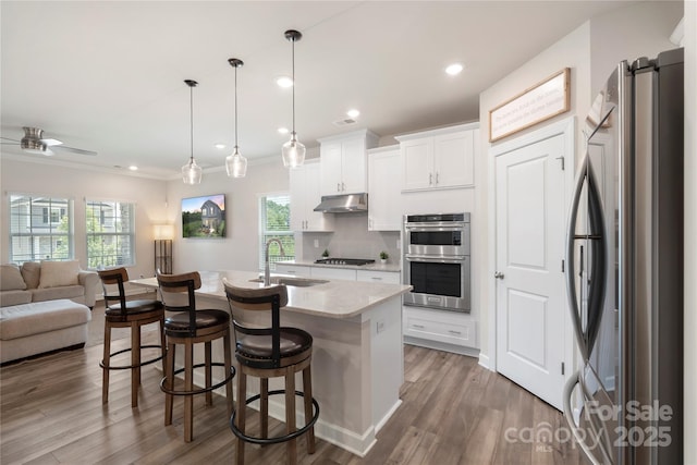 135 Orson Oaks Ln, Pineville, NC 28134 - kitchen featuring stainless steel appliances, under cabinet range hood, open floor plan, white cabinets, and a kitchen bar