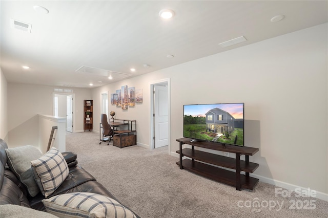 135 Orson Oaks Ln, Pineville, NC 28134 - living area featuring attic access, light colored carpet, and recessed lighting