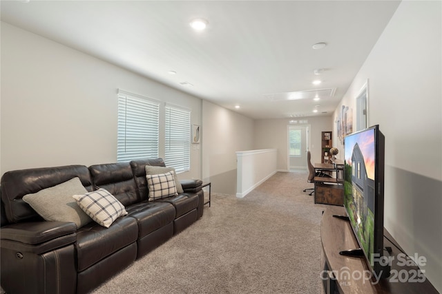 135 Orson Oaks Ln, Pineville, NC 28134 - living room featuring attic access, light colored carpet, and recessed lighting