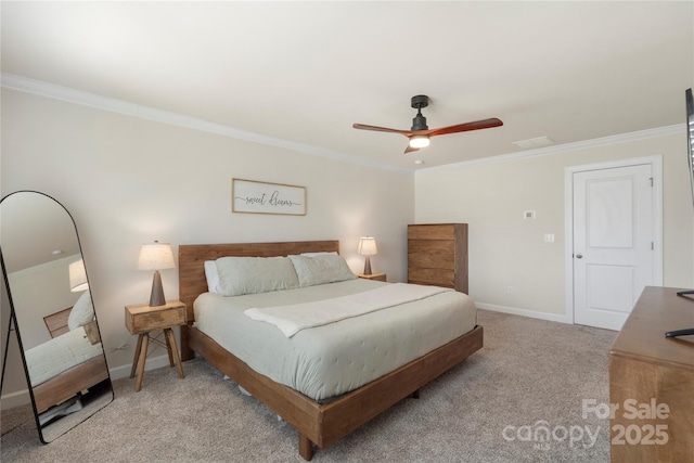 135 Orson Oaks Ln, Pineville, NC 28134 - bedroom featuring crown molding, light colored carpet, and a ceiling fan
