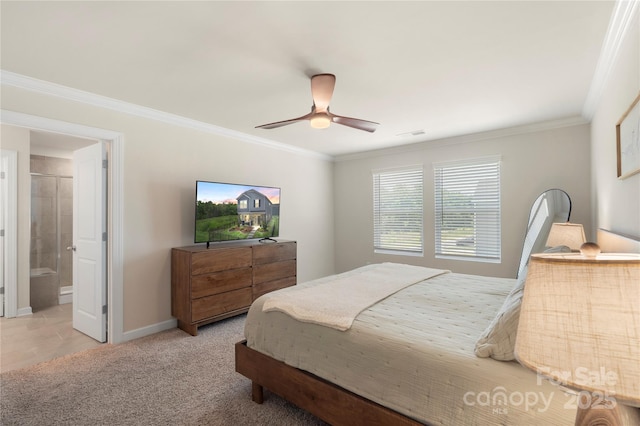 135 Orson Oaks Ln, Pineville, NC 28134 - bedroom featuring crown molding, ceiling fan, and ensuite bathroom