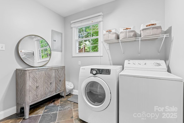 10 Daniel Ln, Black Mountain, NC 28711 - laundry area with electric panel, washing machine and clothes dryer, and stone finish flooring