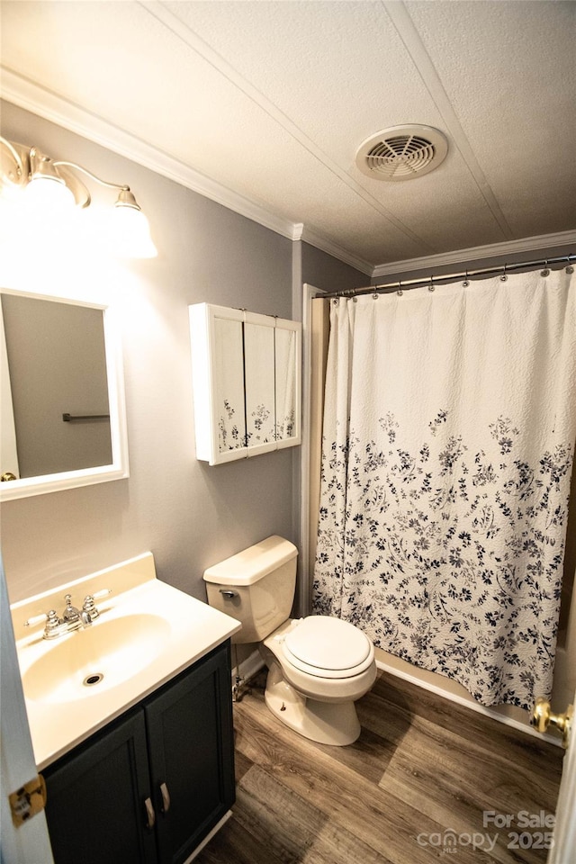 34107 Watson Rd, Albemarle, NC 28001 - bathroom featuring ornamental molding, wood finished floors, vanity, and a shower with shower curtain