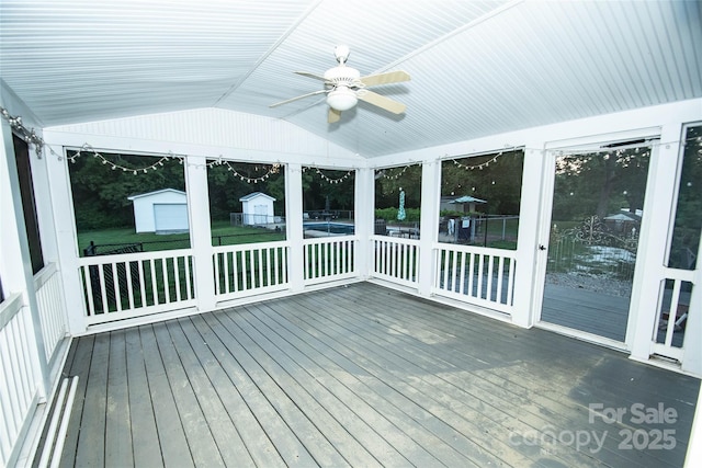 34107 Watson Rd, Albemarle, NC 28001 - unfurnished sunroom with a ceiling fan and lofted ceiling