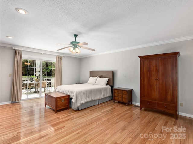 189 Cove Loop Rd, Hendersonville, NC 28739 - bedroom featuring a textured ceiling, access to outside, light wood-style flooring, ornamental molding, and ceiling fan