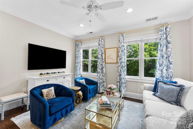 106 N Laurel Ave Unit 118, Charlotte, NC 28207 - living area with wood finished floors, ornamental molding, ceiling fan, and recessed lighting