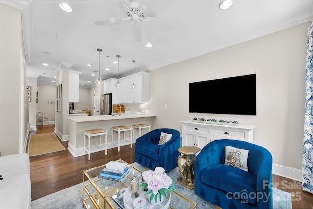 106 N Laurel Ave Unit 118, Charlotte, NC 28207 - living area with ornamental molding, dark wood-style floors, recessed lighting, and ceiling fan